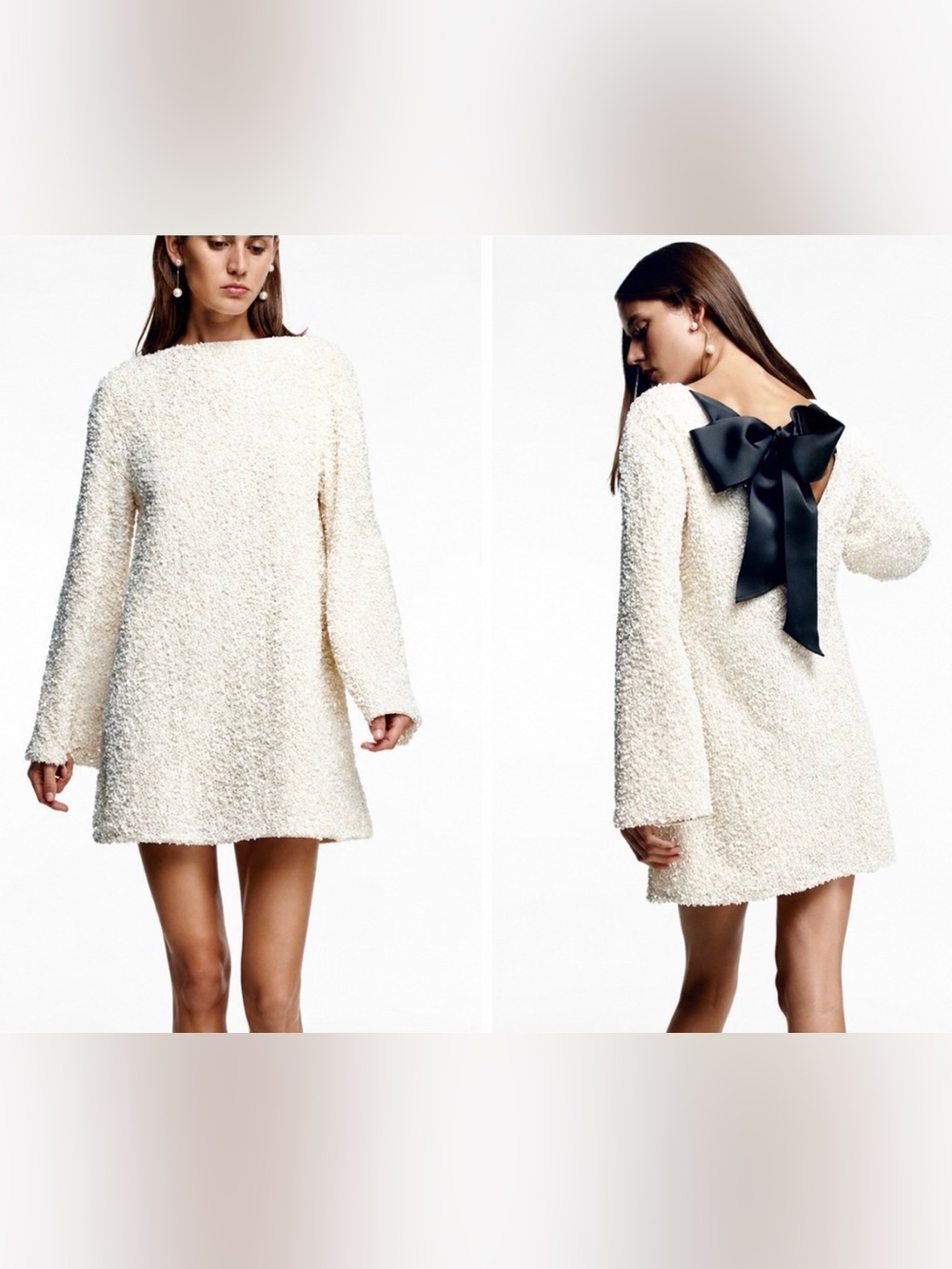 H&M White Sequined Back Black Bow Viral Mini Dress‎ Size XS Holidays New Years